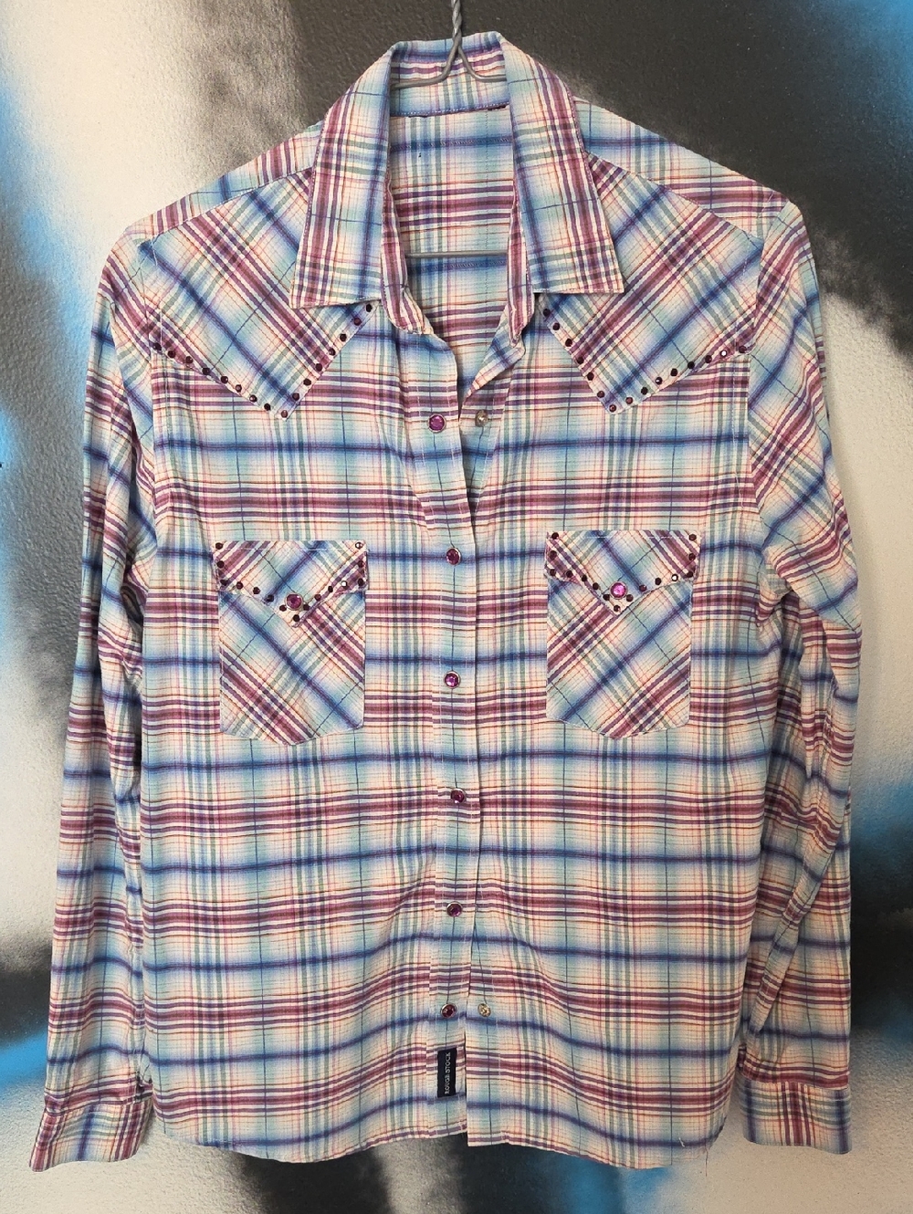 Snap Button-Down Plaid Western Shirt with Stud Accents - Pink & Purple